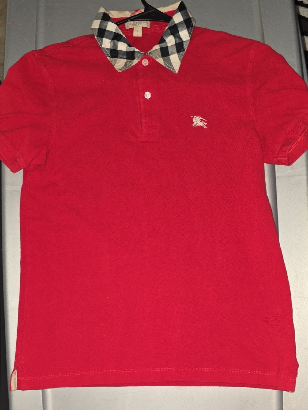 Burberry Kids Red Polo with Signature Check Collar sz L